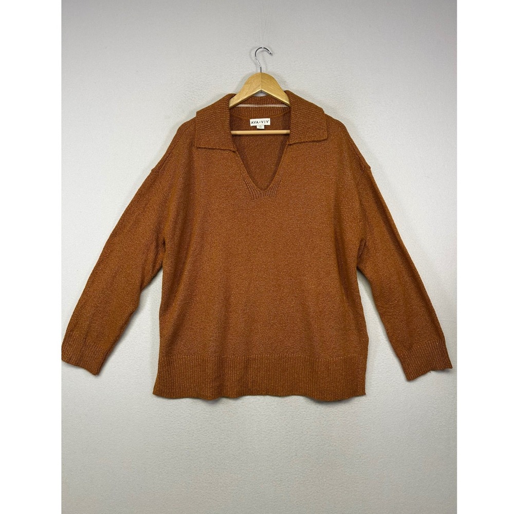 Dark Academia Ava & Viv Women 1X Orange V-Neck Polo Collar Knit Pullover Sweater